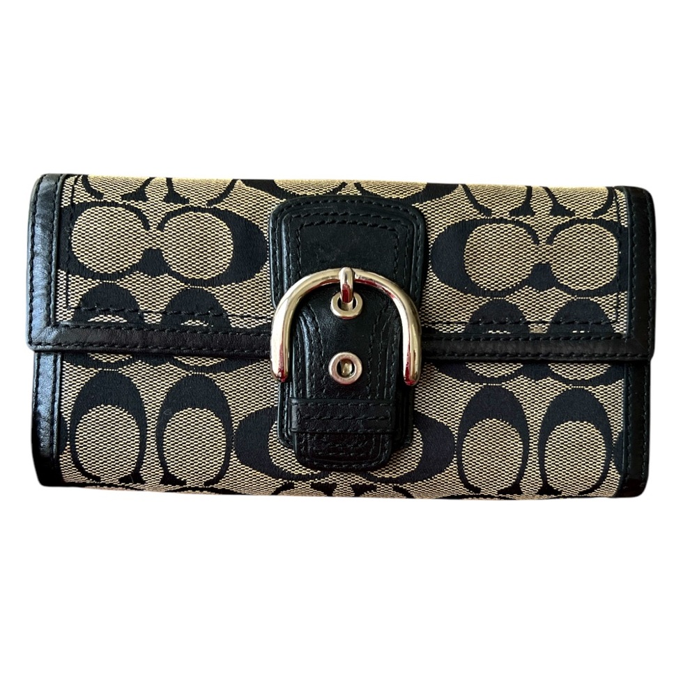 Coach Large Signature Jaquard Front Buckle Trifold Wallet - Vintage